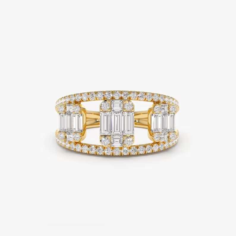 14k Gold Baguette and Round Diamond Illusion Setting Cocktail Wedding Ring  customdiamjewel 10 KT Solid Gold Yellow Gold VVS-EF