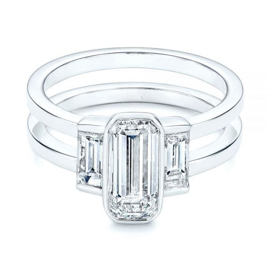 Three Stone Emerald Cut Moissanite Engagement Ring  customdiamjewel 10KT White Gold VVS-EF