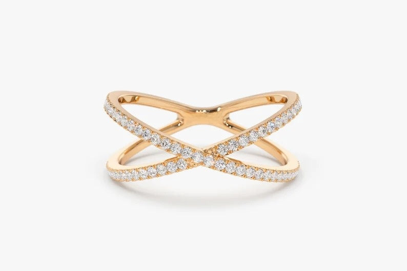 14k Gold Criss Cross Diamond Statement Wedding Ring  customdiamjewel 10 KT Solid Gold Rose Gold VVS-EF