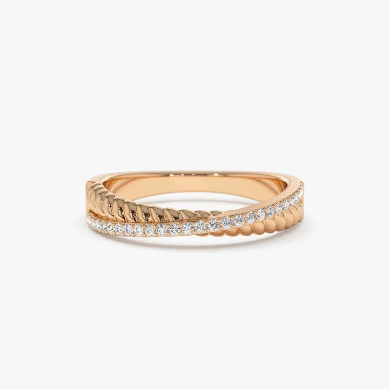 Micro Pave Twisted Rope Criss Cross Diamond Wedding Band  customdiamjewel 10 KT Solid Gold Rose Gold VVS-EF