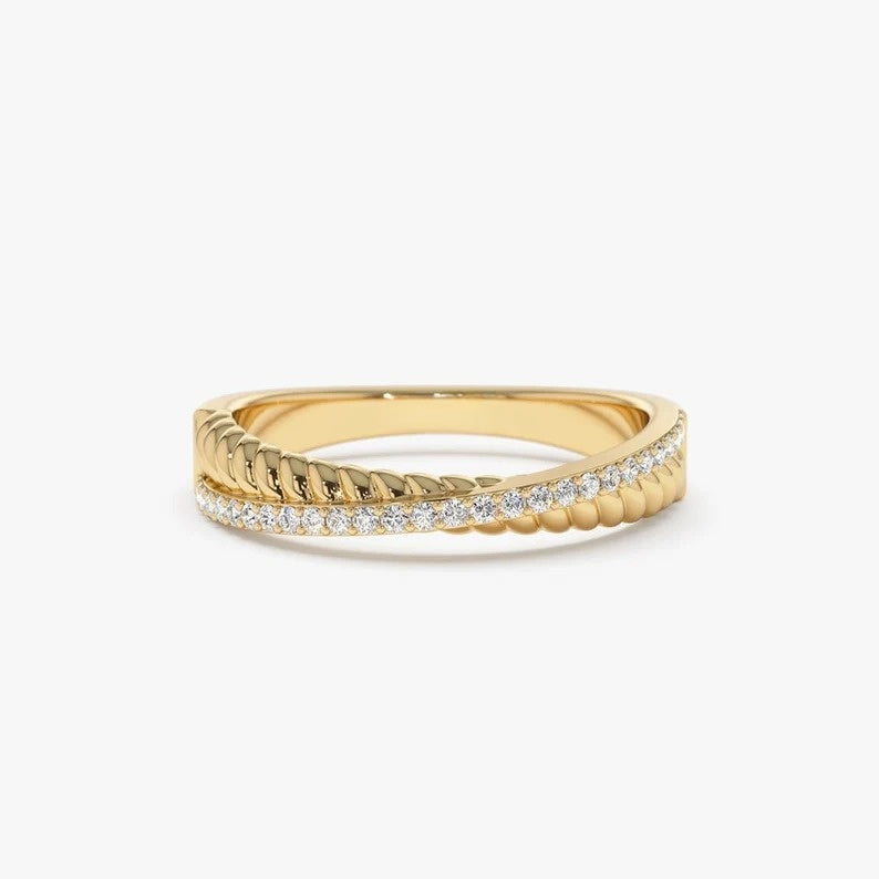 Micro Pave Twisted Rope Criss Cross Diamond Wedding Band  customdiamjewel 10 KT Solid Gold Yellow Gold VVS-EF