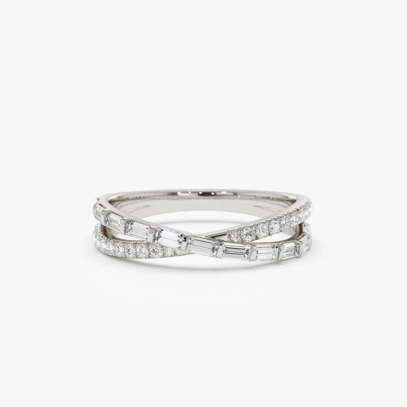 14k Mix Baguette and Round Diamond Crossover Wedding Ring  customdiamjewel 10 KT Solid Gold White Gold VVS-EF