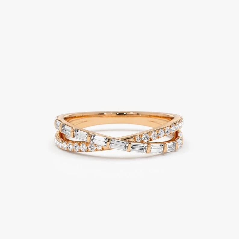 14k Mix Baguette and Round Diamond Crossover Wedding Ring  customdiamjewel 10 KT Solid Gold Rose Gold VVS-EF