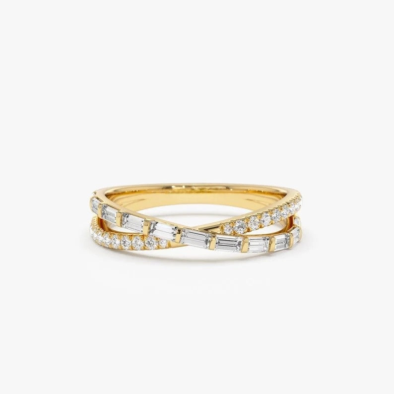 14k Mix Baguette and Round Diamond Crossover Wedding Ring  customdiamjewel 10 KT Solid Gold Yellow Gold VVS-EF