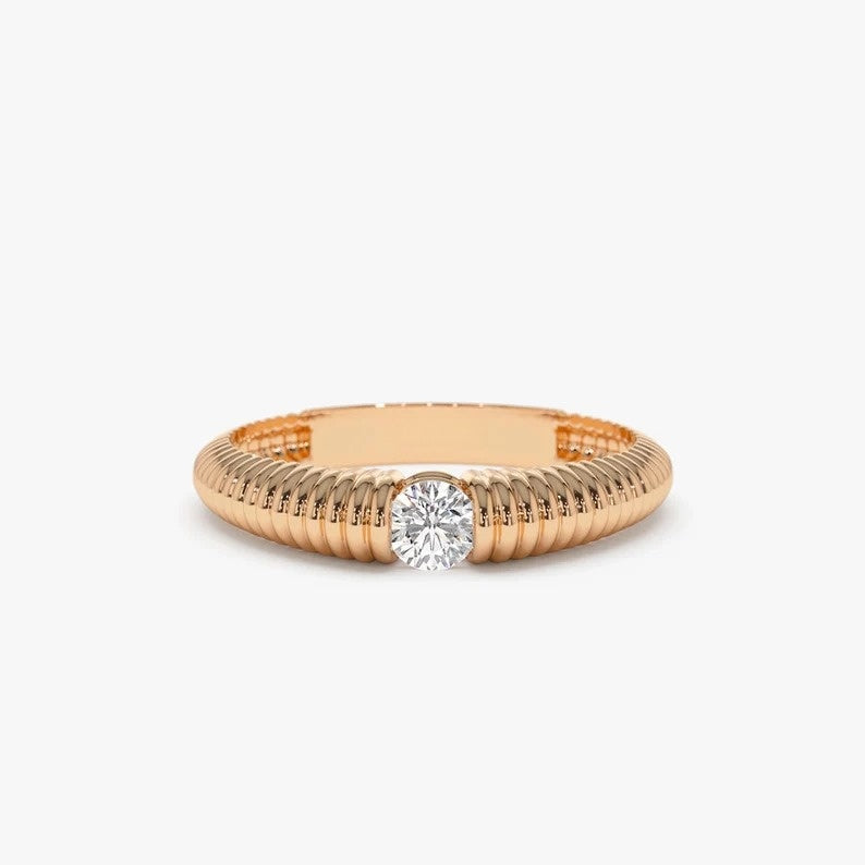 14k Ribbed Gold Solitaire Diamond Wedding Ring  customdiamjewel 10 KT Solid Gold Rose Gold VVS-EF