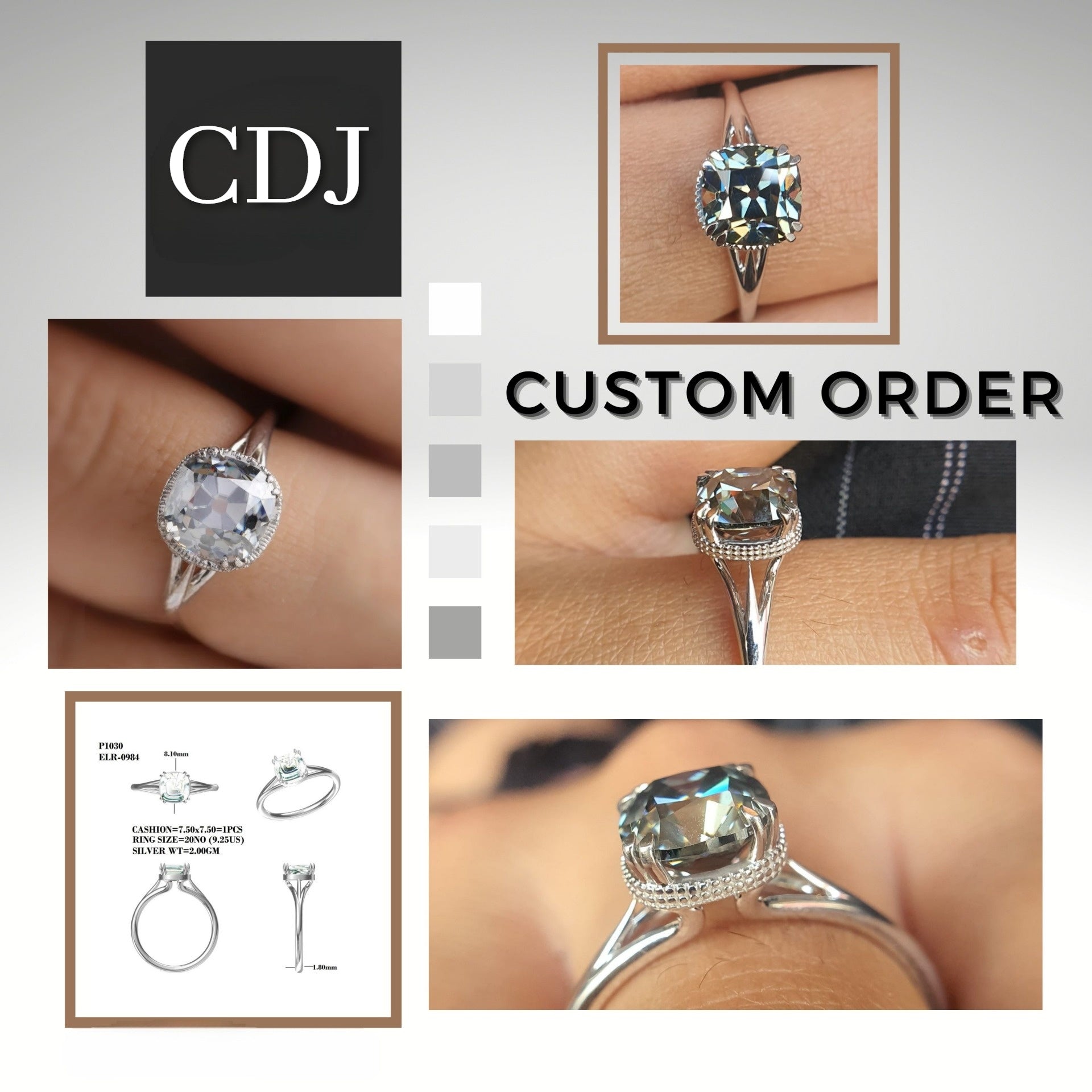 Old Mine Cushion Cut Dark Grey Moissanite Engagement Ring  customdiamjewel   