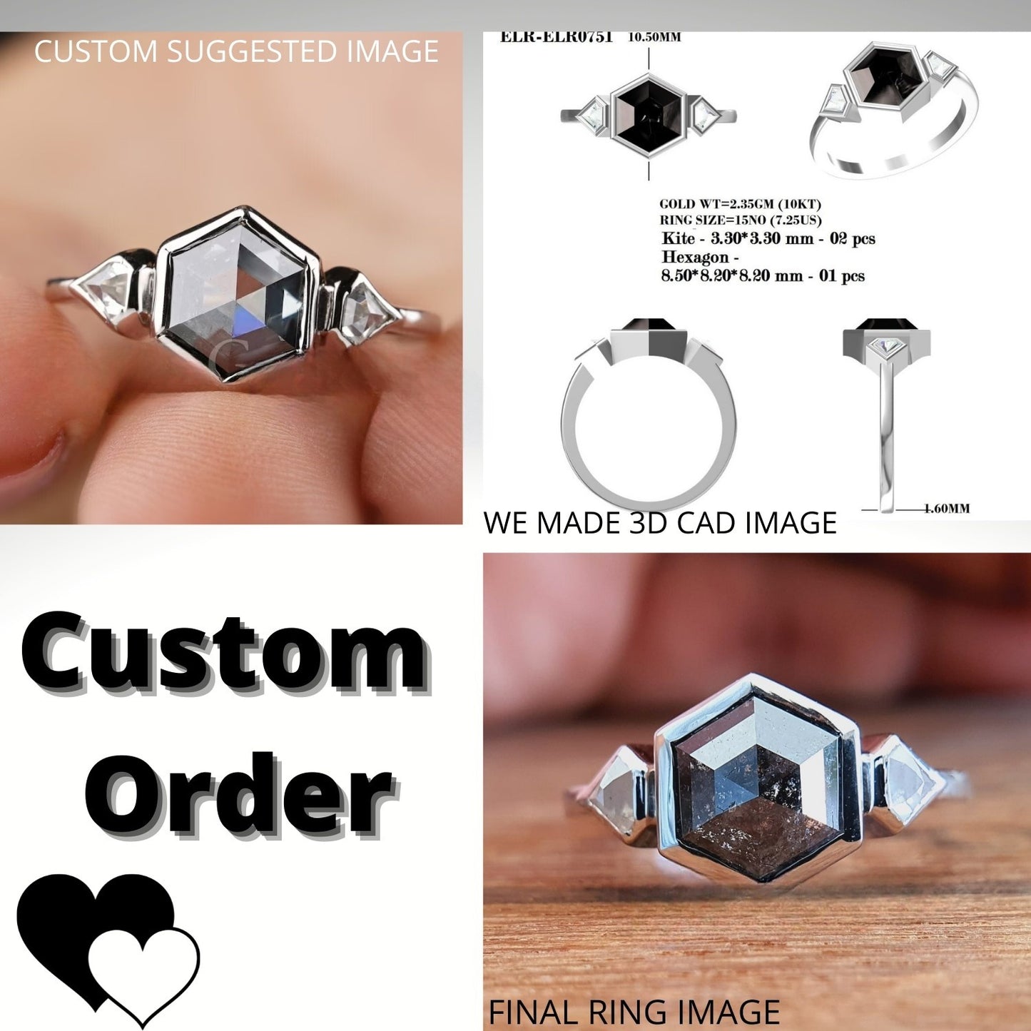 2.00CT Salt And Pepper Hexagon Natural Diamond Three Stone Engagement Ring  customdiamjewel   