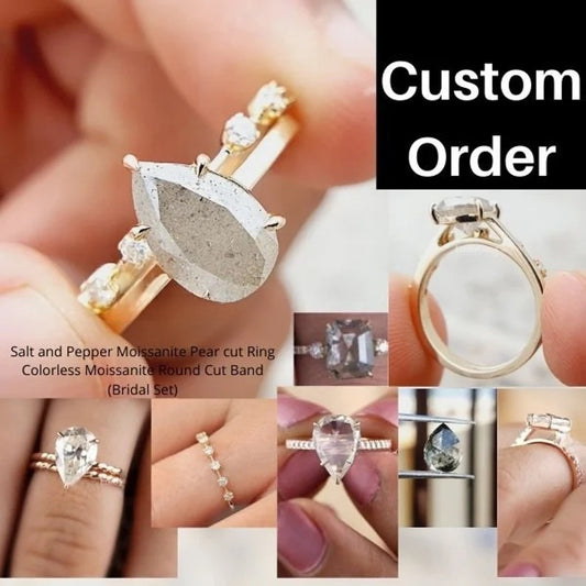 Elongated Pear cut Salt and pepper Moissanite Bridal Ring Set  customdiamjewel   