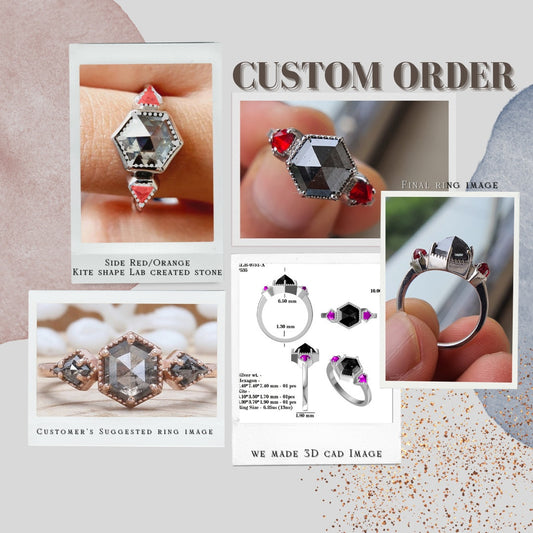 2 CT Hexagon cut salt and pepper moissanite and Side Red Orange Kite shape Lab created stone with prongs settings Miligrain around Stone  customdiamjewel   