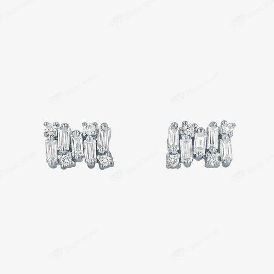 Round & Baguette Cut Moissanite Gold Stud Earrings For Women  customdiamjewel Sterling Silver White Gold VVS-EF